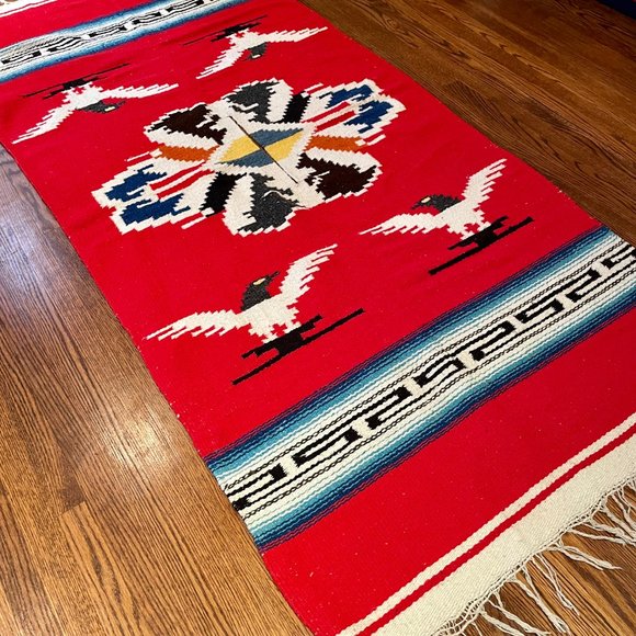 Vintage Navajo Southwest Woven Blanket Shawl Poncho Wrap, Red Black Blue Yellow - Picture 10 of 10